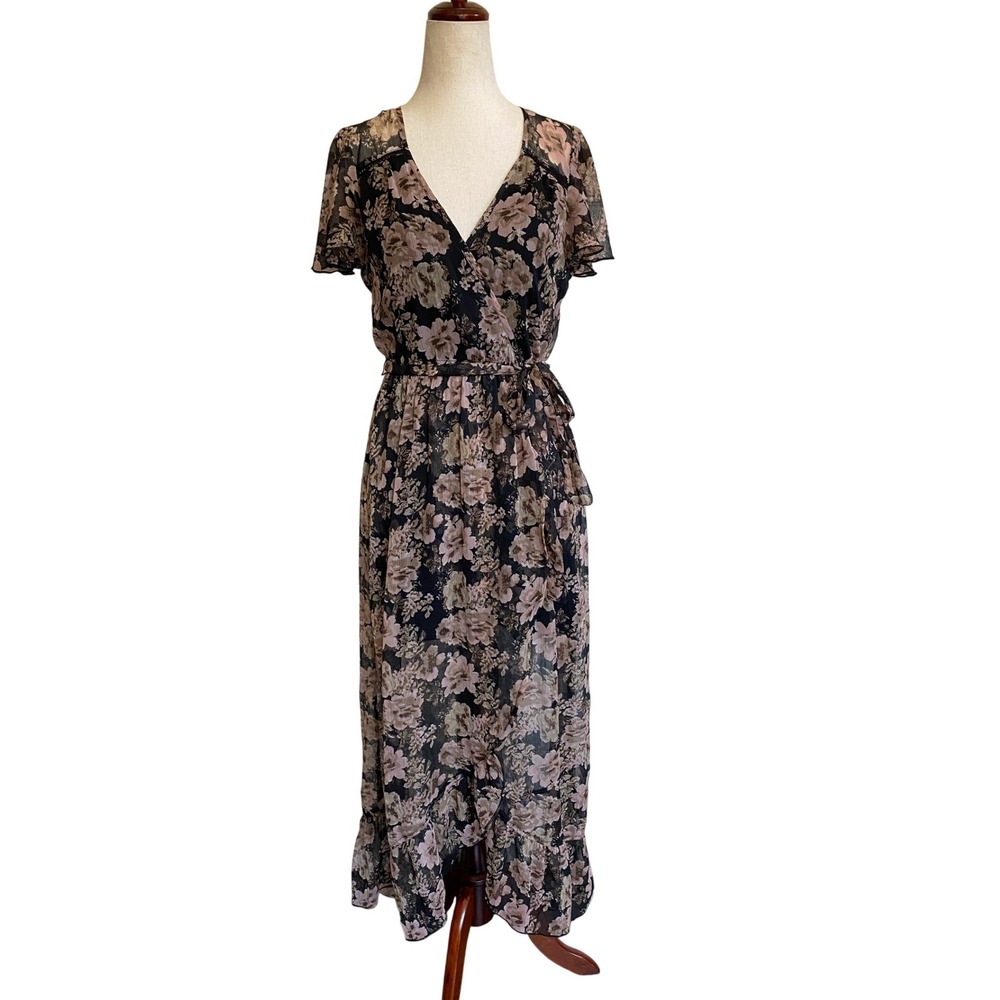 Band of Gypsies Black Floral Wrap Midi Dress with Pink Flowers